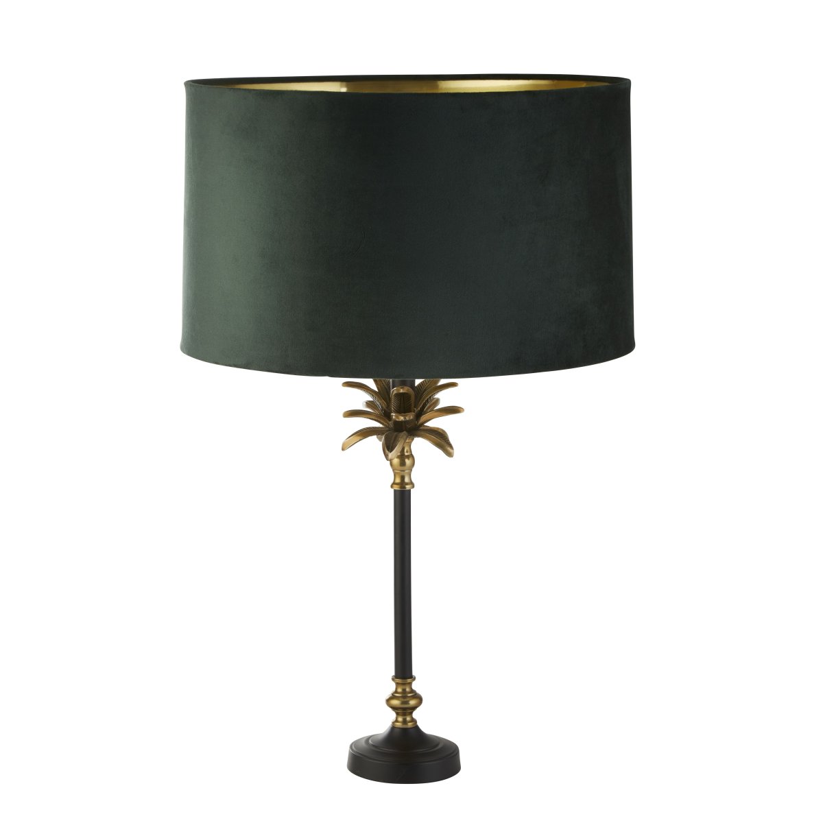 Palm 45cm Groente tafellamp Van Searchlight - Gemaakt van hoogwaardige materialen, heeft het een basis van matzwart en antiek messing in de vorm van een palmboom, met daarbovenop een luxe donkergroene fluwelen kap met een goudkleurige binnenkant.