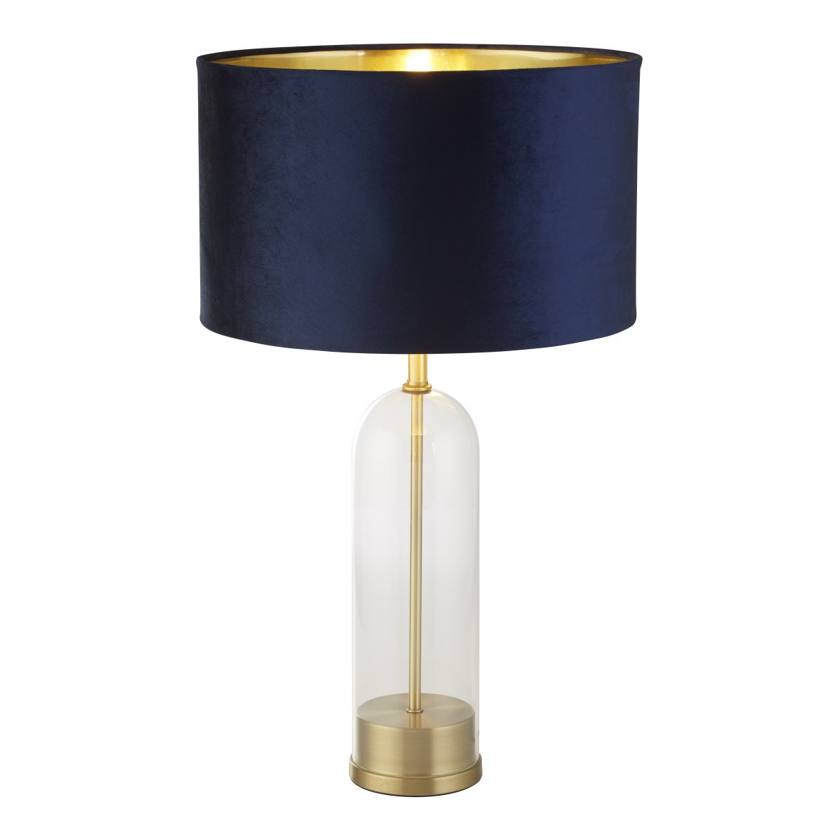 Oxford 44cm Blauw tafellamp Van Searchlight - De luxe marineblauwe fluwelen kap met goudkleurige binnenkant geeft de lamp een elegante en stijlvolle uitstraling, perfect voor in de slaapkamer of woonkamer.