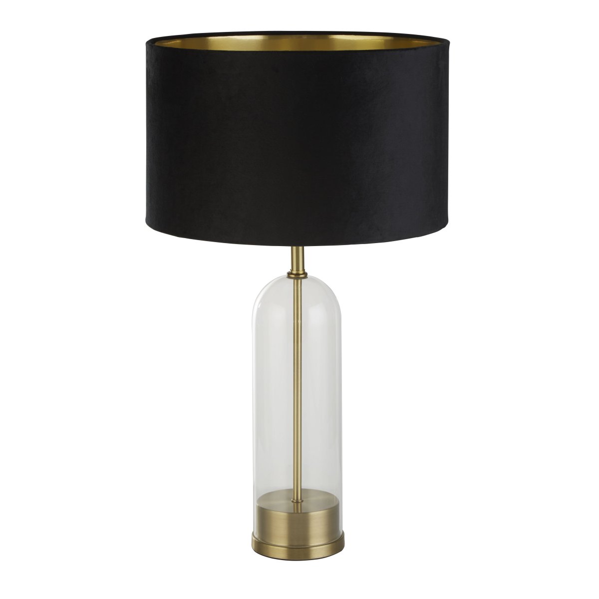 Oxford 44cm Zwart tafellamp Van Searchlight - De luxe zwarte fluwelen kap met goudkleurige binnenkant geeft de lamp een elegante en stijlvolle uitstraling, perfect voor in de slaapkamer of woonkamer.