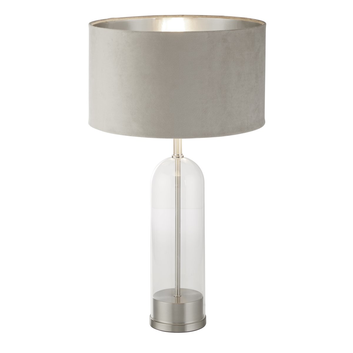 Oxford 44cm Beige tafellamp Van Searchlight - Met een basis van satijnnikkel en glas combineert het duurzaamheid met verfijning.