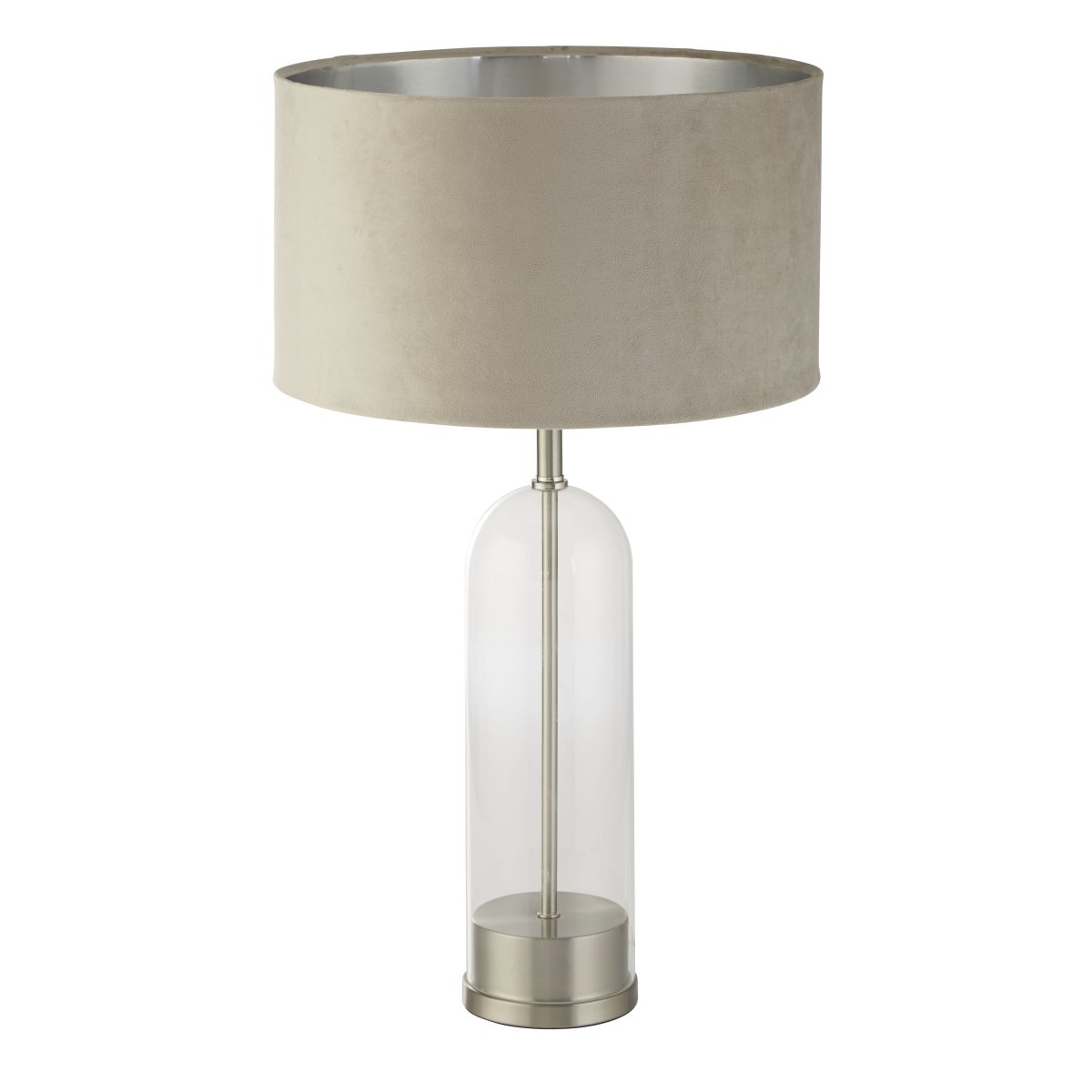 Oxford 44cm Beige tafellamp Van Searchlight - Met een basis van satijnnikkel en glas combineert het duurzaamheid met verfijning.
