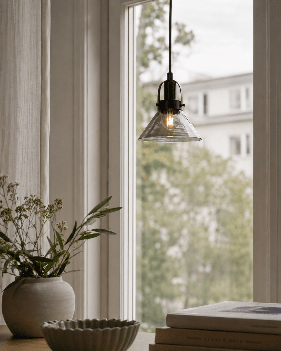 Mäster Ø15 Zwart/Rookkleurig raamlamp Van Lampan - De kap van rookglas zorgt voor een gelijkmatig en aangenaam licht, waardoor een uitnodigende sfeer in de kamer ontstaat.