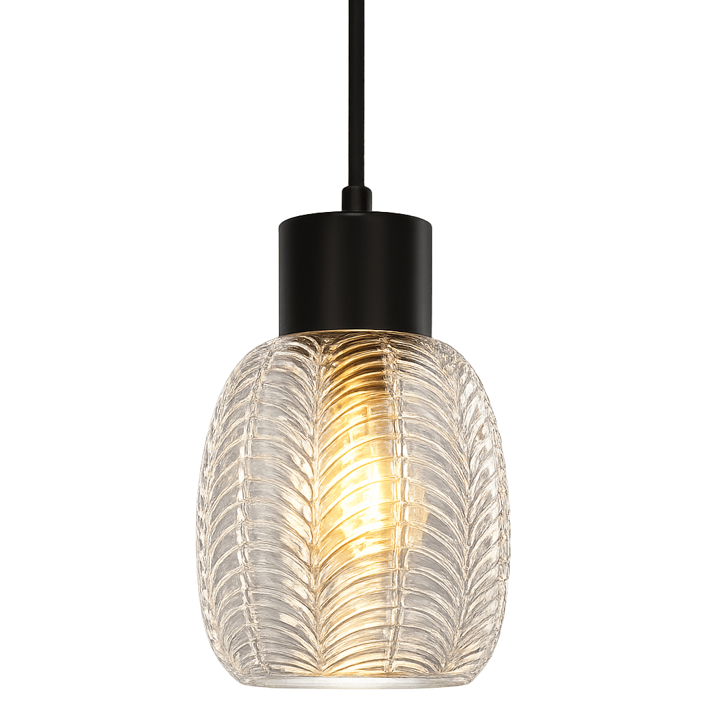 Tabaco Ø14 Transparant/zwart raamlamp Van Lampan - De zwarte metalen bovenkant zorgt voor een stijlvolle uitstraling, terwijl de heldere glazen kap met decoratief patroon een levendig en effectief lichtspel cre&euml;ert.