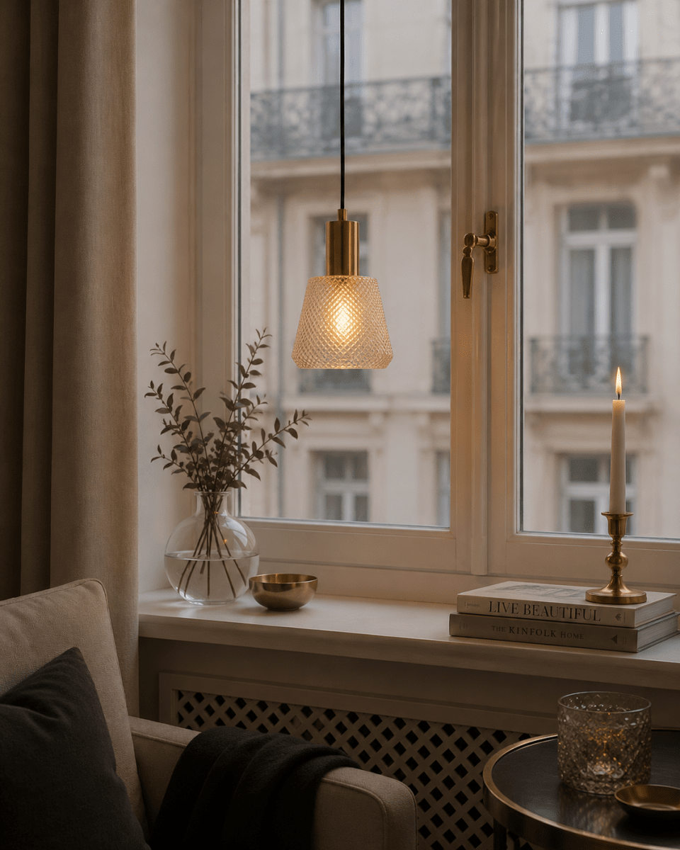 Daimon Ø15 Amber raamlamp Van Lampan - De amberkleurige glazen kap heeft een prachtig patroon dat zorgt voor een levendig en sfeervol licht.