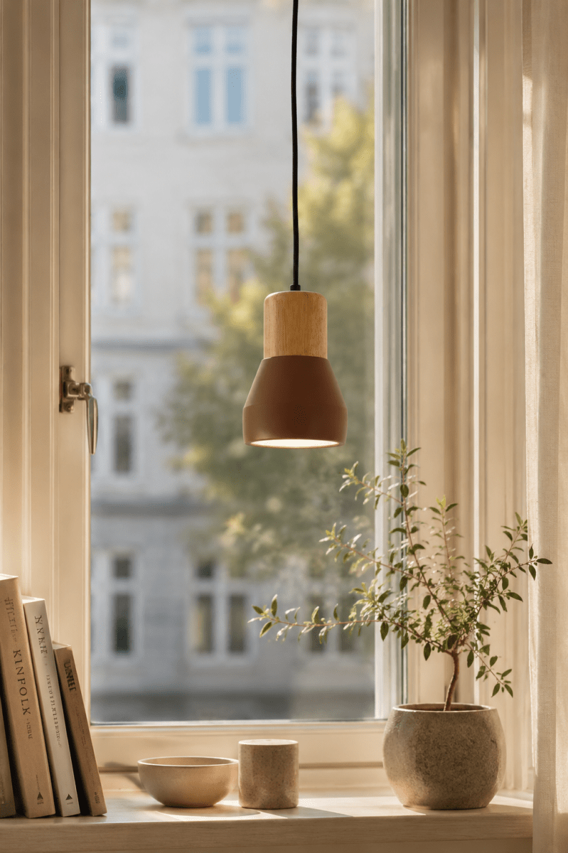 Pepe Ø13 Roest raamlamp Van Nordic Lighting - De combinatie van hout en beton zorgt voor een robuuste en tegelijkertijd warme uitstraling, terwijl de matte roestkleur een rustige en trendy sfeer toevoegt.