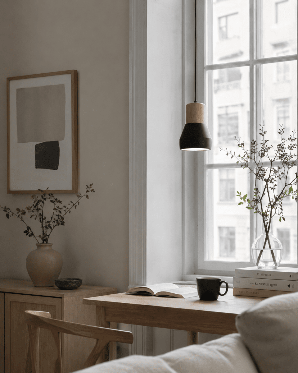 Pepe Ø13 Zwart raamlamp Van Nordic Lighting - De combinatie van hout en beton zorgt voor een robuuste en tegelijkertijd warme uitstraling, terwijl de matzwarte kleur een rustige en trendy sfeer toevoegt.