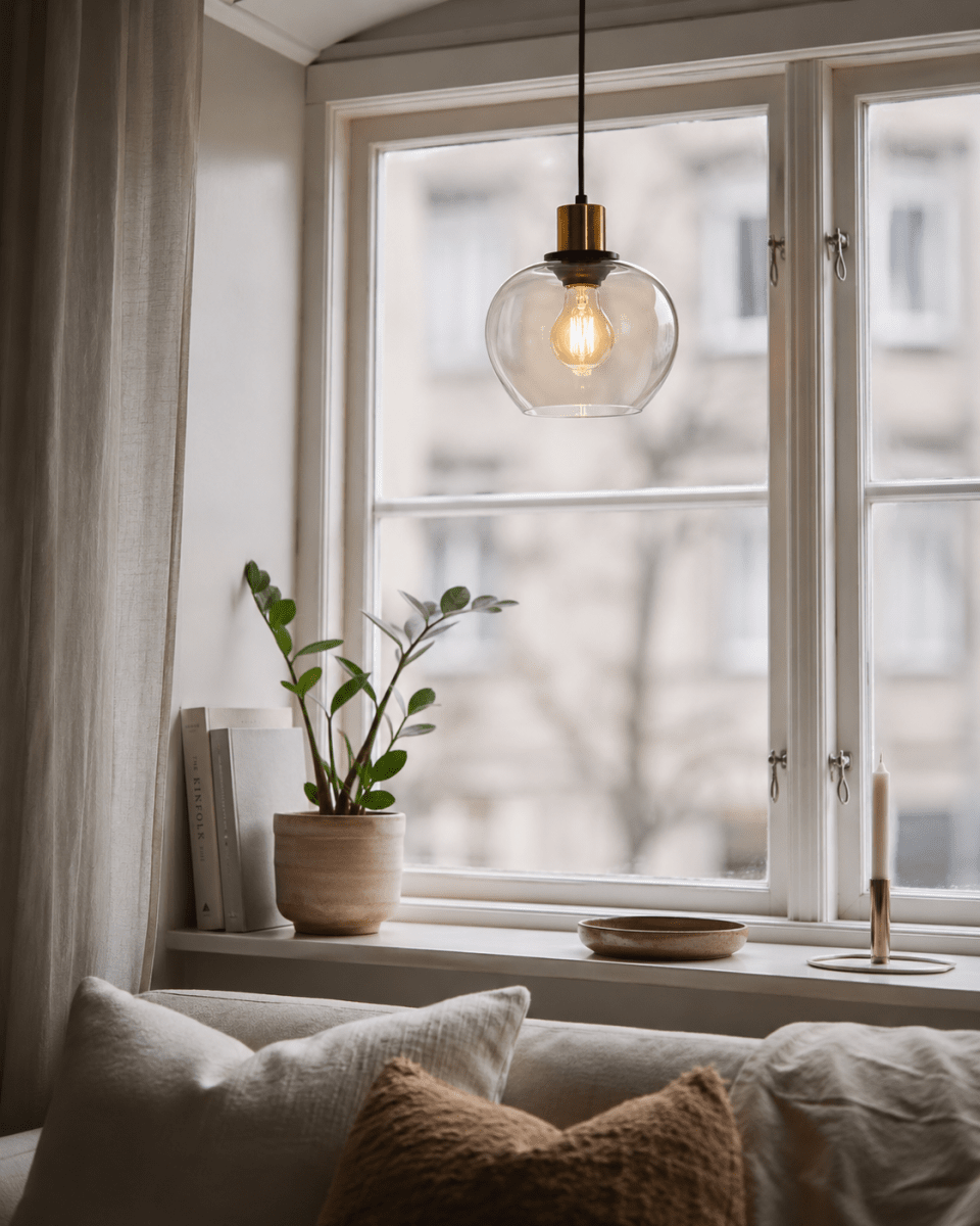 Ariston Ø20 Amber raamlamp Van Lampan - De amberkleurige glazen kap zorgt voor een warm en aangenaam licht, terwijl de details in geborsteld messing een moderne en exclusieve uitstraling geven.