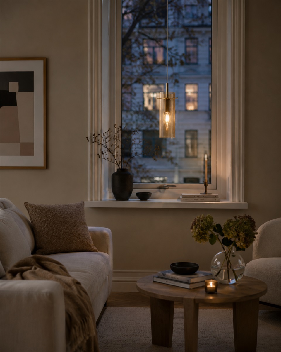 Cilinda Ø7 Messing/amber raamlamp Van Nordic Lighting - Het amberkleurige glas zorgt voor een mooie lichtverspreiding en in combinatie met de antieke messing details vormt het een stijlvolle toevoeging aan uw interieur.