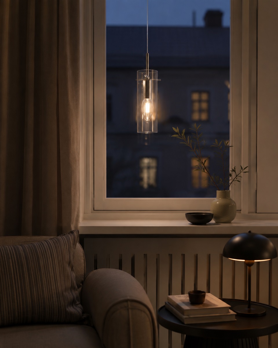 Cilinda Ø7 Chroom/transparant raamlamp Van Nordic Lighting - Het heldere glas zorgt voor een mooie lichtspreiding en in combinatie met het metaal met chromen afwerking vormt het een stijlvol interieurdetail.