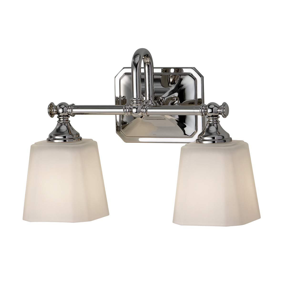 Concord 36cm Chroom badkamerlamp Van Elstead Lighting - Deze is voorzien van twee zacht gevormde, opaalwitte glaskappen die een aangenaam en gelijkmatig licht verspreiden, perfect voor badkamers.