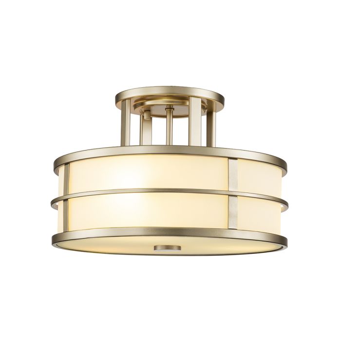 Fusion Ø34 Messing plafondlamp Van Elstead Lighting - Het frame is aan de zijkanten voorzien van gecanneleerd opaalglas en aan de onderkant een glazen koepel als diffuser, waardoor een fascinerend lichteffect ontstaat.