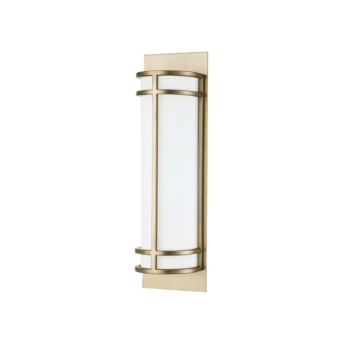 Fusion 43cm Messing wandlamp Van Elstead Lighting - Het armatuur bestaat uit een rechthoekige wandplaat en een reeks buitenste staven die een cilindervormig frame vasthouden.