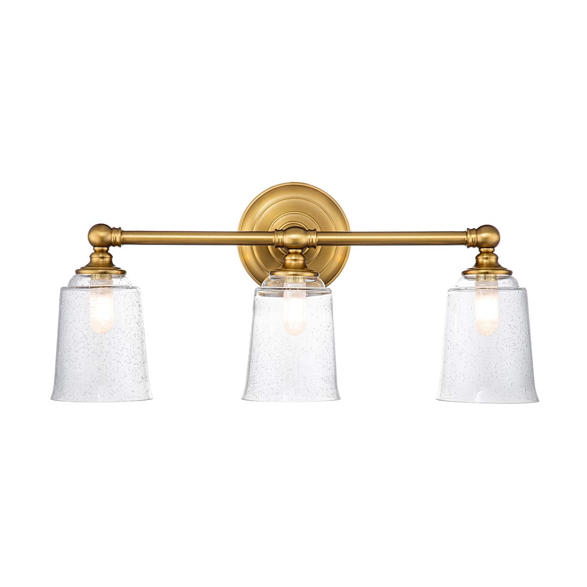 Huguenot Lake 53cm Messing badkamerlamp Van Elstead Lighting - De elegante ronde details en de met de hand gesneden monturen geven een gevoel van traditioneel vakmanschap, terwijl het heldere, gestructureerde glas een zacht en uitnodigend licht creëert.