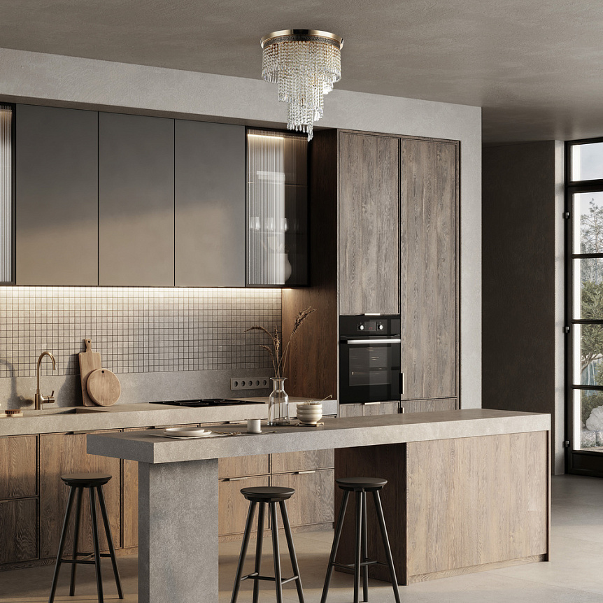 Cascade Ø42 Goud kristal Van Maytoni - De decoratieve prisma's hangen op verschillende niveaus en omarmen de lichtbronnen, waardoor een stralend lichtspel en een exclusieve uitstraling ontstaat.
