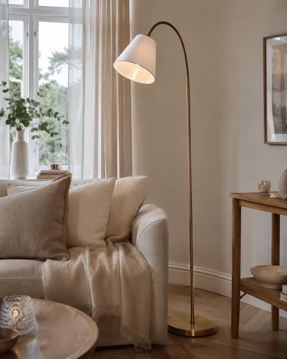 Uno Antiek messing vloerlamp Van Lampan - De witte linnen lampenkap verspreidt een zacht en aangenaam licht en is perfect als leeslamp bij de bank of als sfeerverlichting in de slaapkamer.