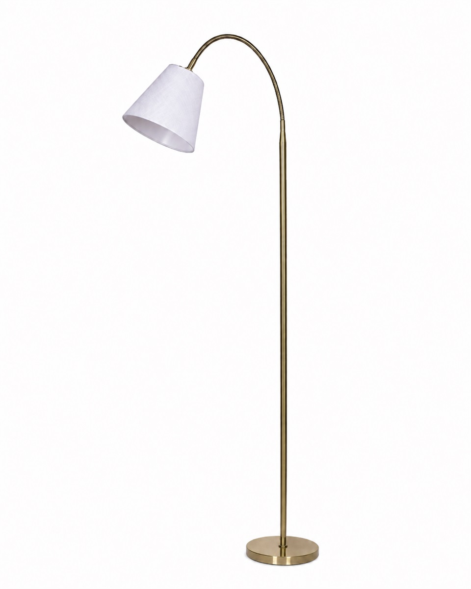Uno Antiek messing vloerlamp Van Lampan - De witte linnen lampenkap verspreidt een zacht en aangenaam licht en is perfect als leeslamp bij de bank of als sfeerverlichting in de slaapkamer.