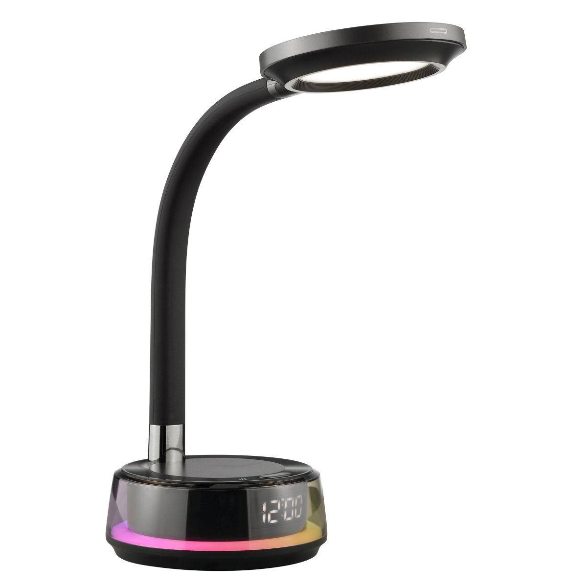 Moonglow 53cm Zwart bureaulamp Van Brilliant - De lampvoet herbergt een aantal slimme functies: een ge&iuml;ntegreerde digitale klok, een draadloos oplaadstation voor telefoons en USB-C-aansluitingen voor het opladen van andere apparaten.