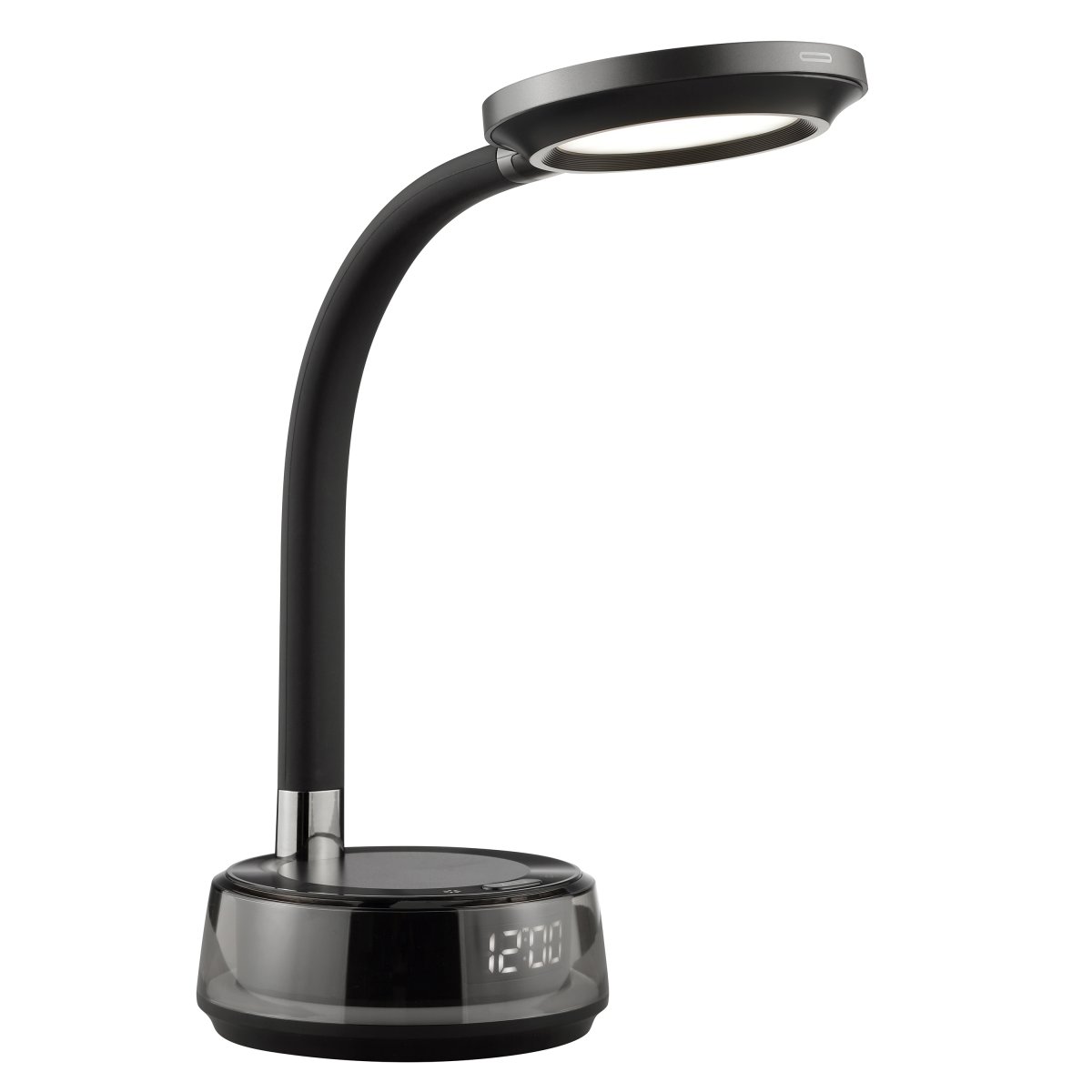 Moonglow 53cm Zwart bureaulamp Van Brilliant - De lampvoet herbergt een aantal slimme functies: een ge&iuml;ntegreerde digitale klok, een draadloos oplaadstation voor telefoons en USB-C-aansluitingen voor het opladen van andere apparaten.