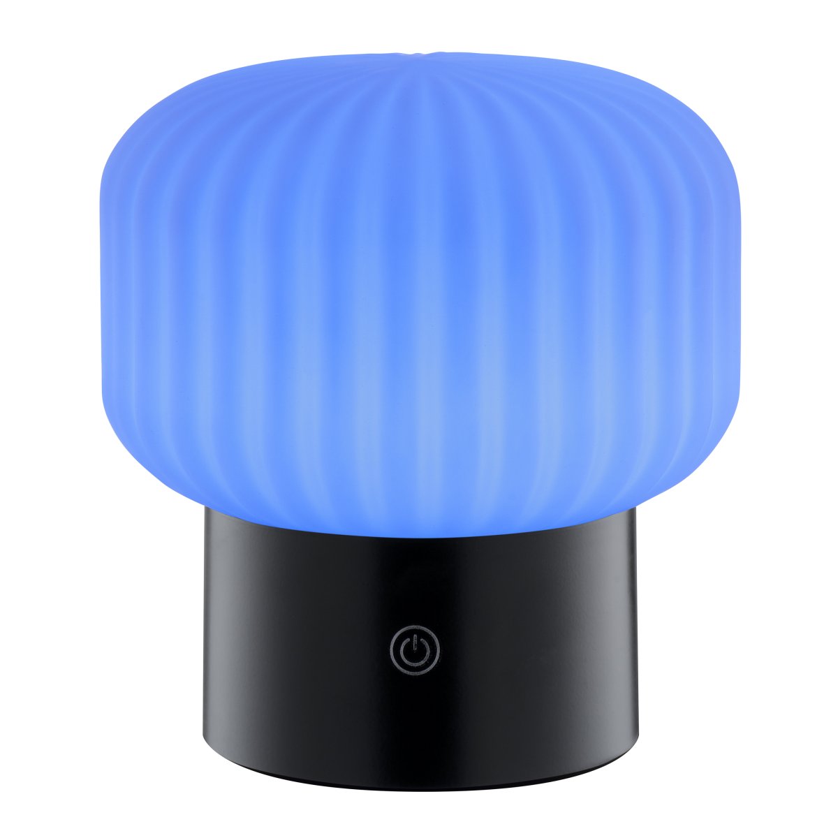 Sarastro 14cm Zwart Draagbare Van Brilliant - De gecanneleerde witte glazen kap zorgt voor een zachte gloed, terwijl de zwarte voet de touchdimmer herbergt en de RGB-functie bedient - alles in een discreet en elegant formaat.