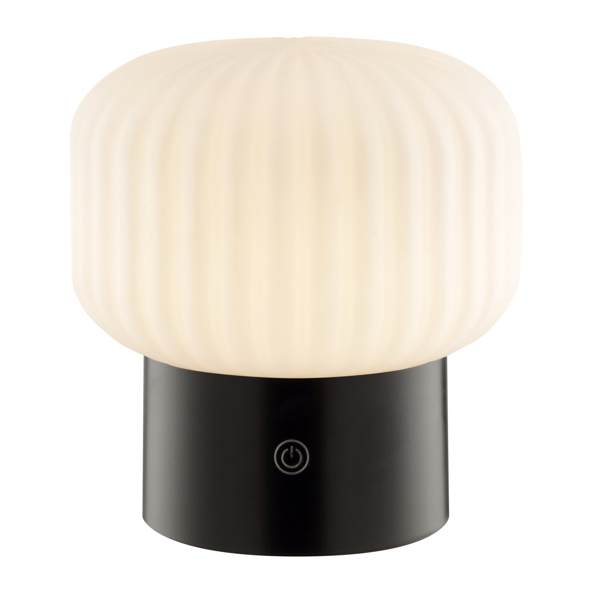 Sarastro 14cm Zwart Draagbare Van Brilliant - De gecanneleerde witte glazen kap zorgt voor een zachte gloed, terwijl de zwarte voet de touchdimmer herbergt en de RGB-functie bedient - alles in een discreet en elegant formaat.