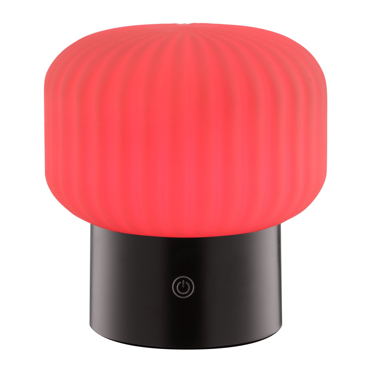 Sarastro 14cm Zwart Draagbare Van Brilliant - De gecanneleerde witte glazen kap zorgt voor een zachte gloed, terwijl de zwarte voet de touchdimmer herbergt en de RGB-functie bedient - alles in een discreet en elegant formaat.
