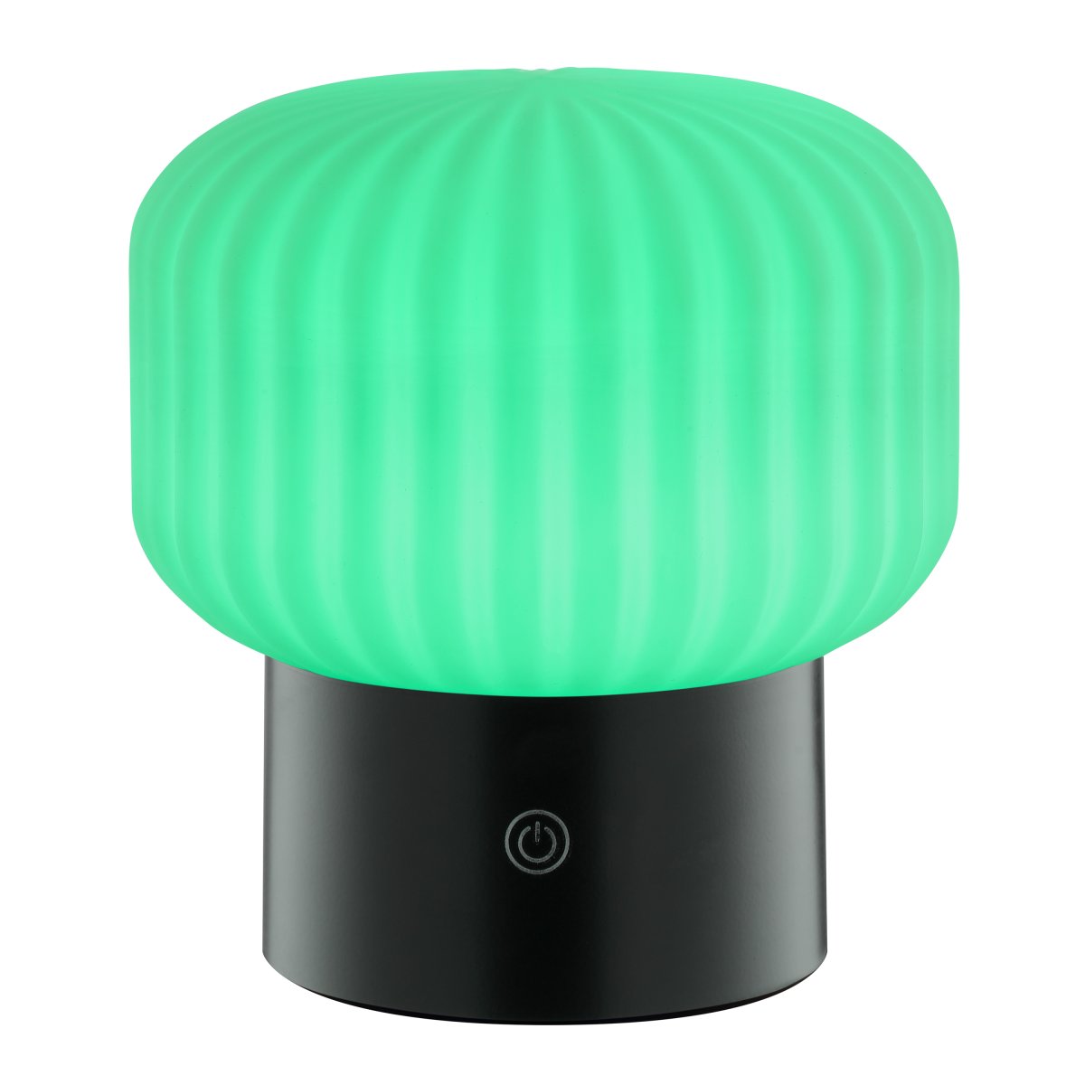 Sarastro 14cm Zwart Draagbare Van Brilliant - De gecanneleerde witte glazen kap zorgt voor een zachte gloed, terwijl de zwarte voet de touchdimmer herbergt en de RGB-functie bedient - alles in een discreet en elegant formaat.