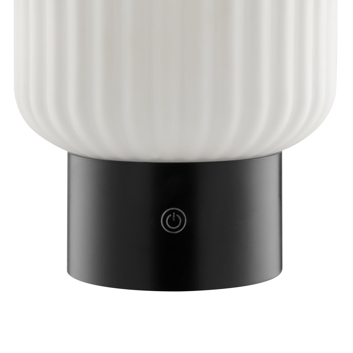 Sarastro 14cm Zwart Draagbare Van Brilliant - De gecanneleerde witte glazen kap zorgt voor een zachte gloed, terwijl de zwarte voet de touchdimmer herbergt en de RGB-functie bedient - alles in een discreet en elegant formaat.