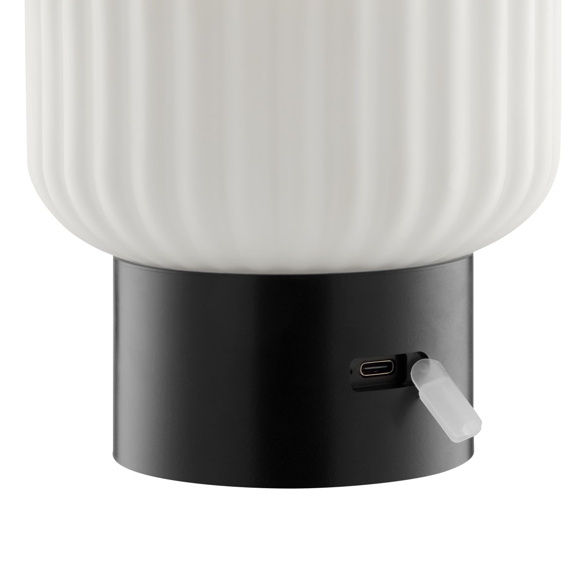 Sarastro 14cm Zwart Draagbare Van Brilliant - De gecanneleerde witte glazen kap zorgt voor een zachte gloed, terwijl de zwarte voet de touchdimmer herbergt en de RGB-functie bedient - alles in een discreet en elegant formaat.