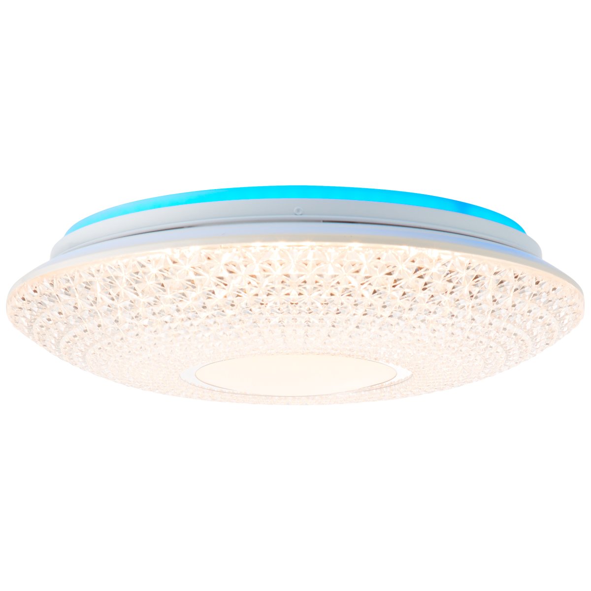 Lucian Ø40 Wit plafondlamp Van Brilliant - Het ledpaneel wordt omarmd door een helder scherm met kleine prisma's, wat een prachtig lichtpatroon in de kamer cre&euml;ert wanneer de lamp brandt.