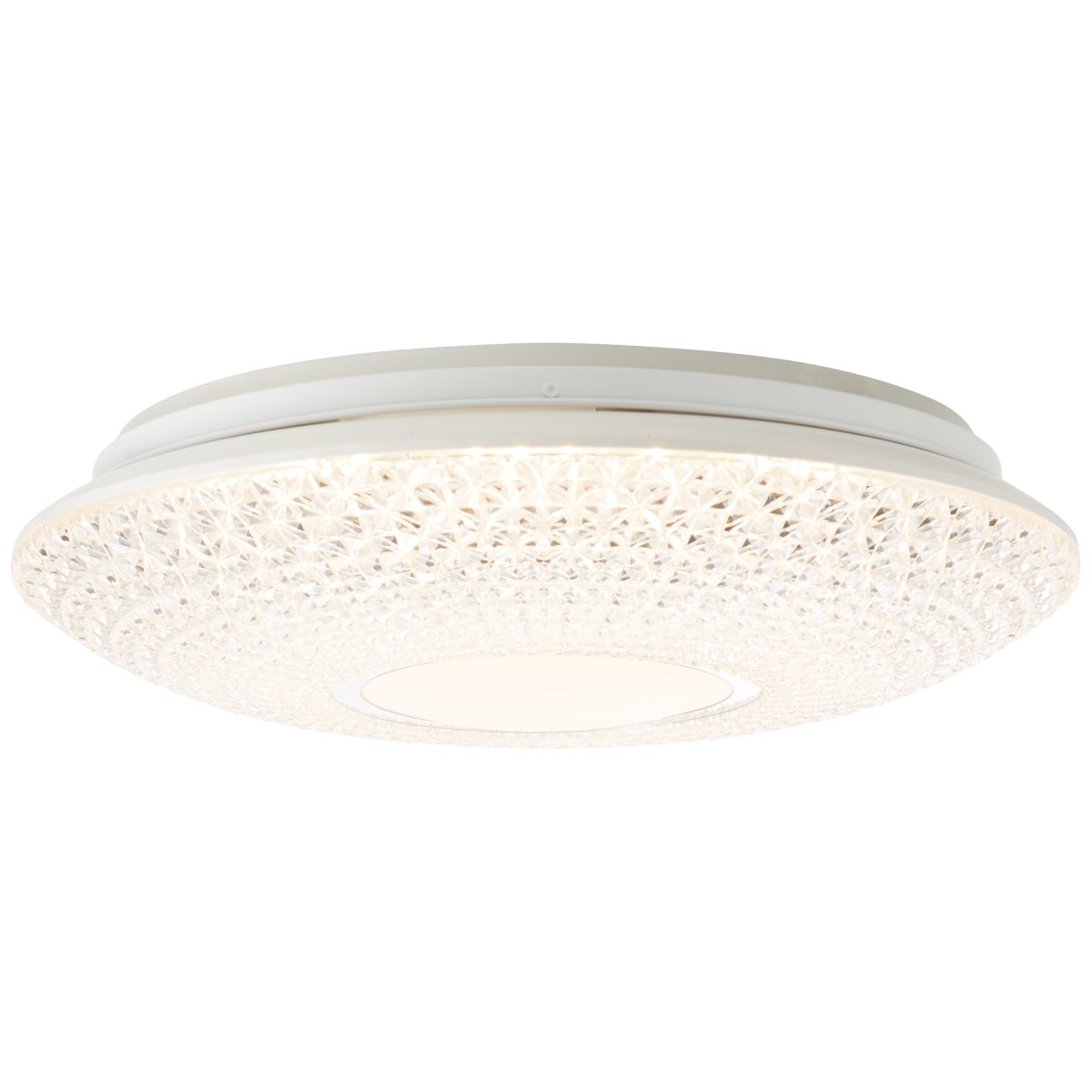 Lucian Ø40 Wit plafondlamp Van Brilliant - Het ledpaneel wordt omarmd door een helder scherm met kleine prisma's, wat een prachtig lichtpatroon in de kamer cre&euml;ert wanneer de lamp brandt.