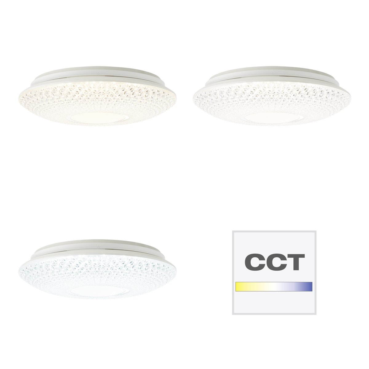Lucian Ø40 Wit plafondlamp Van Brilliant - Het ledpaneel wordt omarmd door een helder scherm met kleine prisma's, wat een prachtig lichtpatroon in de kamer cre&euml;ert wanneer de lamp brandt.