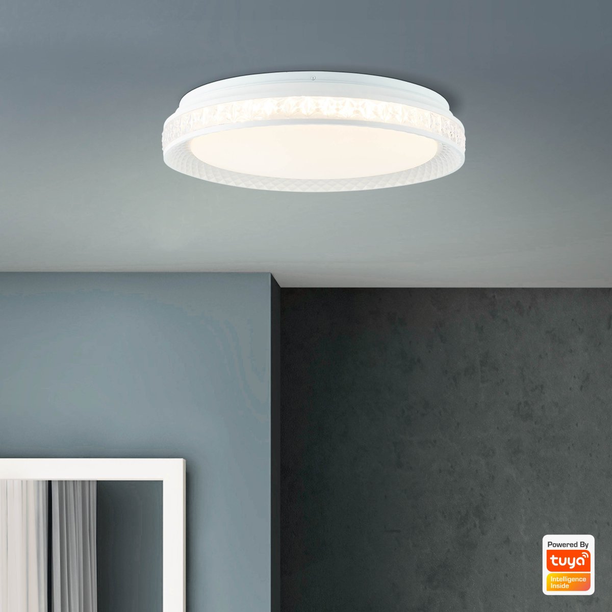 Burlie Ø40 Wit plafondlamp Van Brilliant - Het ge&iuml;ntegreerde ledpaneel straalt een helder licht van 2400 lm uit dat in drie stappen dimbaar is met de meegeleverde afstandsbediening.