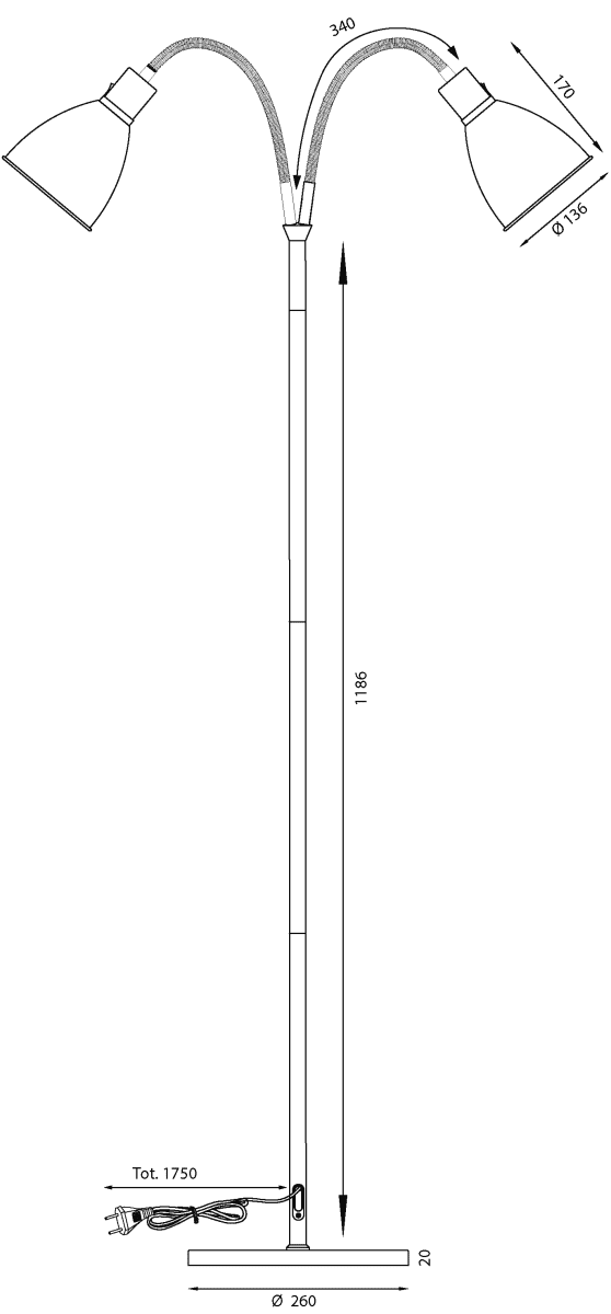 Idre 2 Wit vloerlamp Van Aneta Lighting - Op elke lampenkop zit een aan/uit-schakelaar, zodat u kunt kiezen of u één of beide lampen wilt inschakelen.