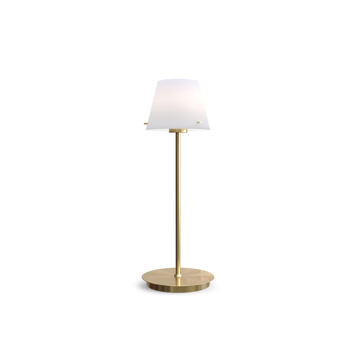 Gil 34cm Satijn messing tafellamp Van Herstal - De lamp is gemaakt van metaal met een satijn messing afwerking en heeft een witte glazen kap die een zacht en aangenaam licht verspreidt.