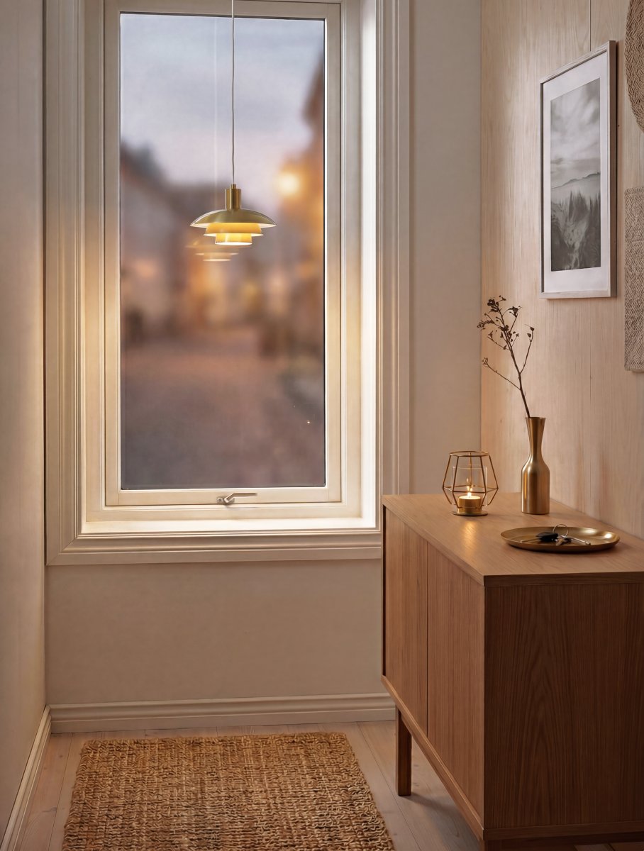 Epsilon Ø20 Goud raamlamp Van Aneta Lighting - De overlappende kappen richten en reflecteren het licht op een aangename manier en cre&euml;ren een decoratief lichtspel.