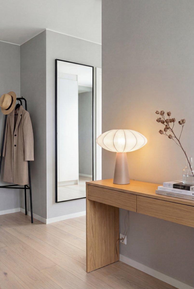 Madison 35cm Beige tafellamp Van Aneta Lighting - De warme beige lampvoet vormt een mooi contrast met de lichte kap en geeft de lamp een warme en harmonieuze uitstraling.