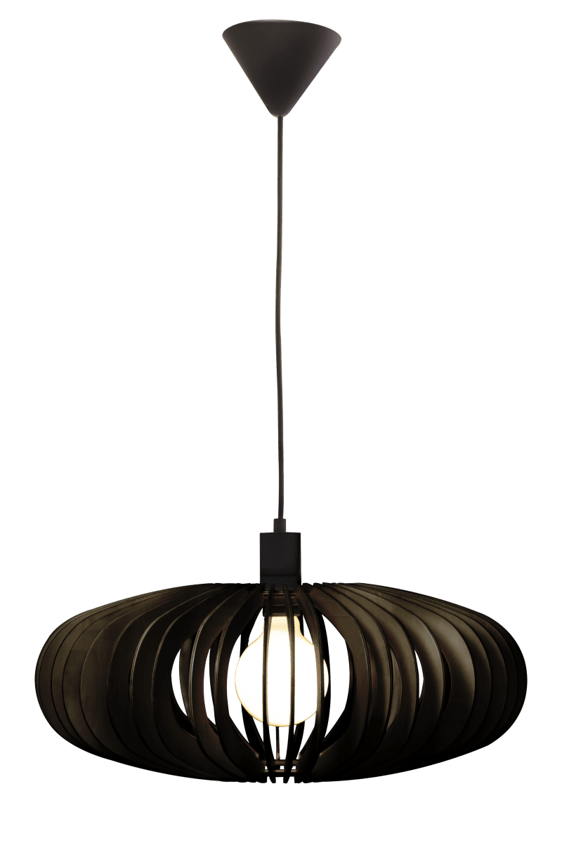 Arcos Ø50 Zwart hanglamp Van Aneta Lighting - De elegante Arcos plafondlamp bestaat uit multiplex lamellen in een zacht afgeronde vorm die een prachtig licht- en schaduweffect creëren.