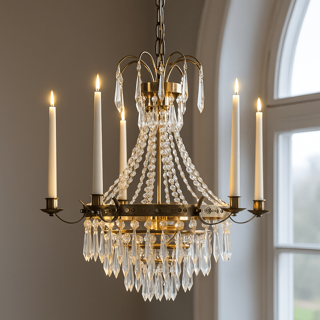 Hampshire Ø50 Antiek messing kristal Van Lampan - De kaarsenhouders in klassieke stijl complementeren het ontwerp en maken deze kroonluchter tot een ideaal middelpunt in een eetkamer of woonkamer.