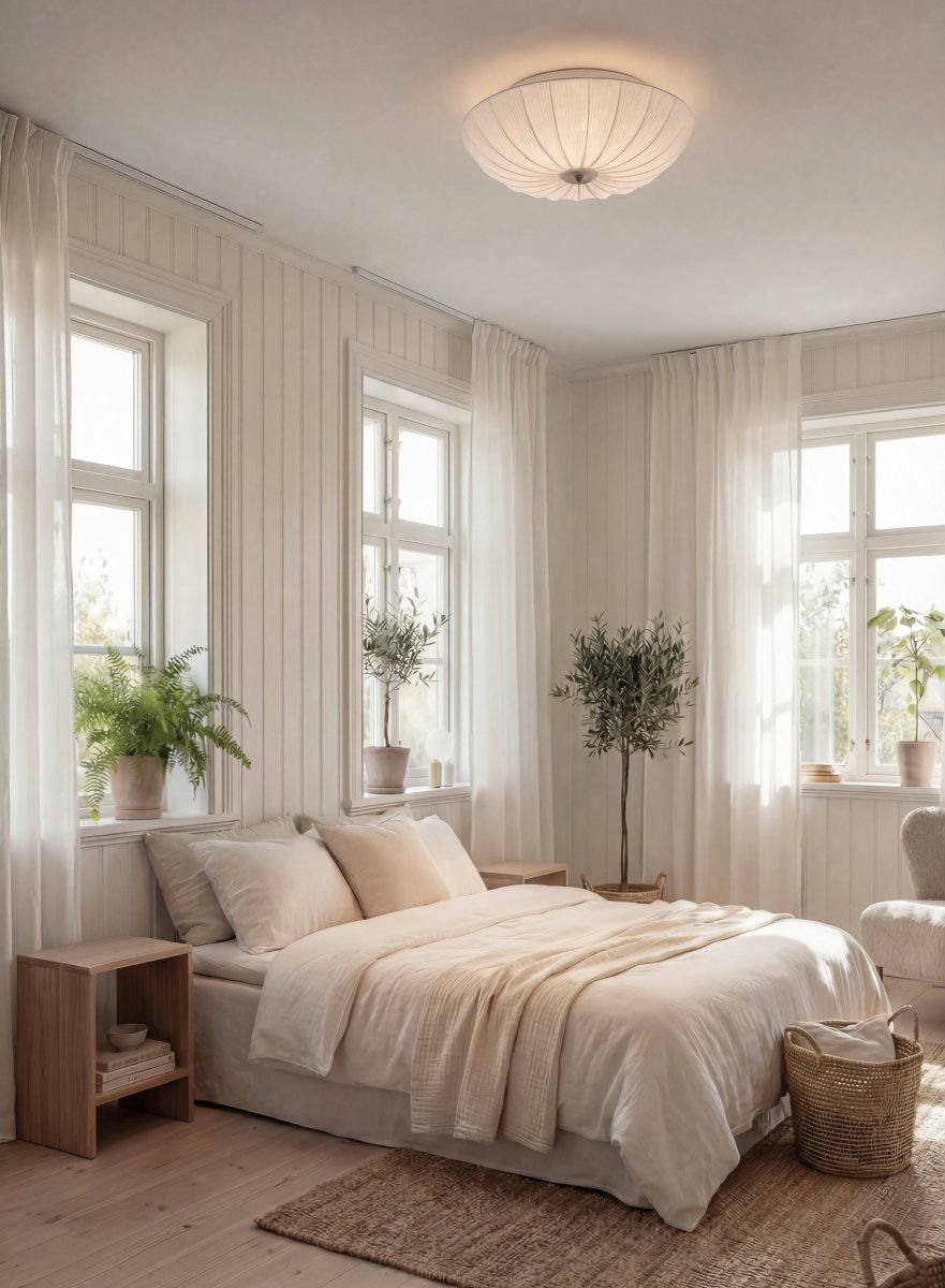 Lady Ø55 Wit plafondlamp Van Aneta Lighting - De combinatie van het lichte textiel en de messing details geeft de lamp een stijlvolle en tijdloze uitstraling.