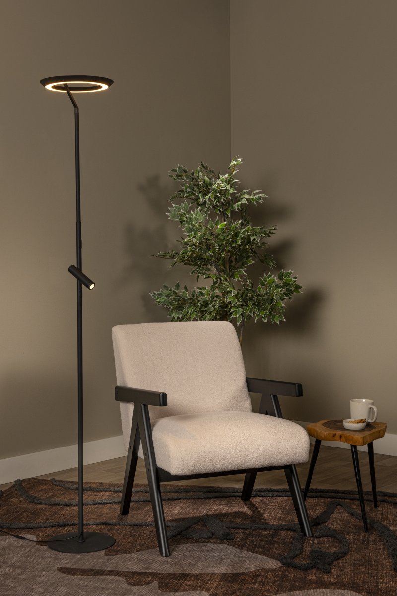Celeste 2 Zwart vloerlamp Van Lucide - De twee lichtbronnen kunnen afzonderlijk worden in- en uitgeschakeld en gedimd via touchdimmers op de lamp voor soepel en flexibel gebruik.