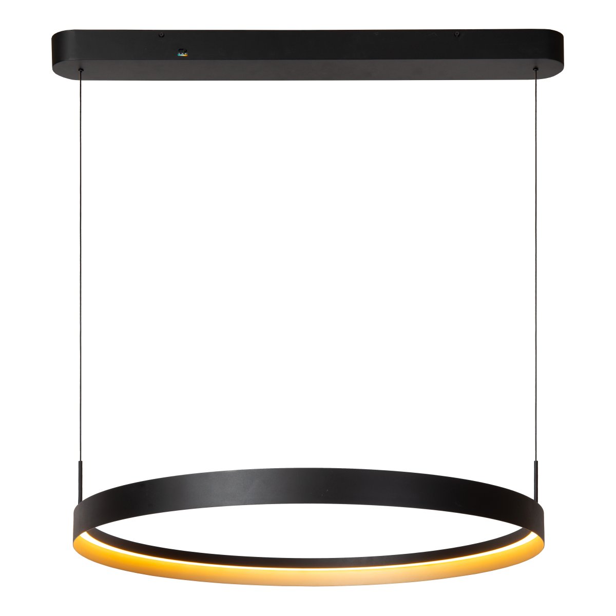 Radiant Ø80 Zwart hanglamp Van Lucide - De ronde kap heeft een elegante binnenkant in een metallic champagnekleur, wat een exclusief contrast cre&euml;ert en de warme lichtuitstraling versterkt.