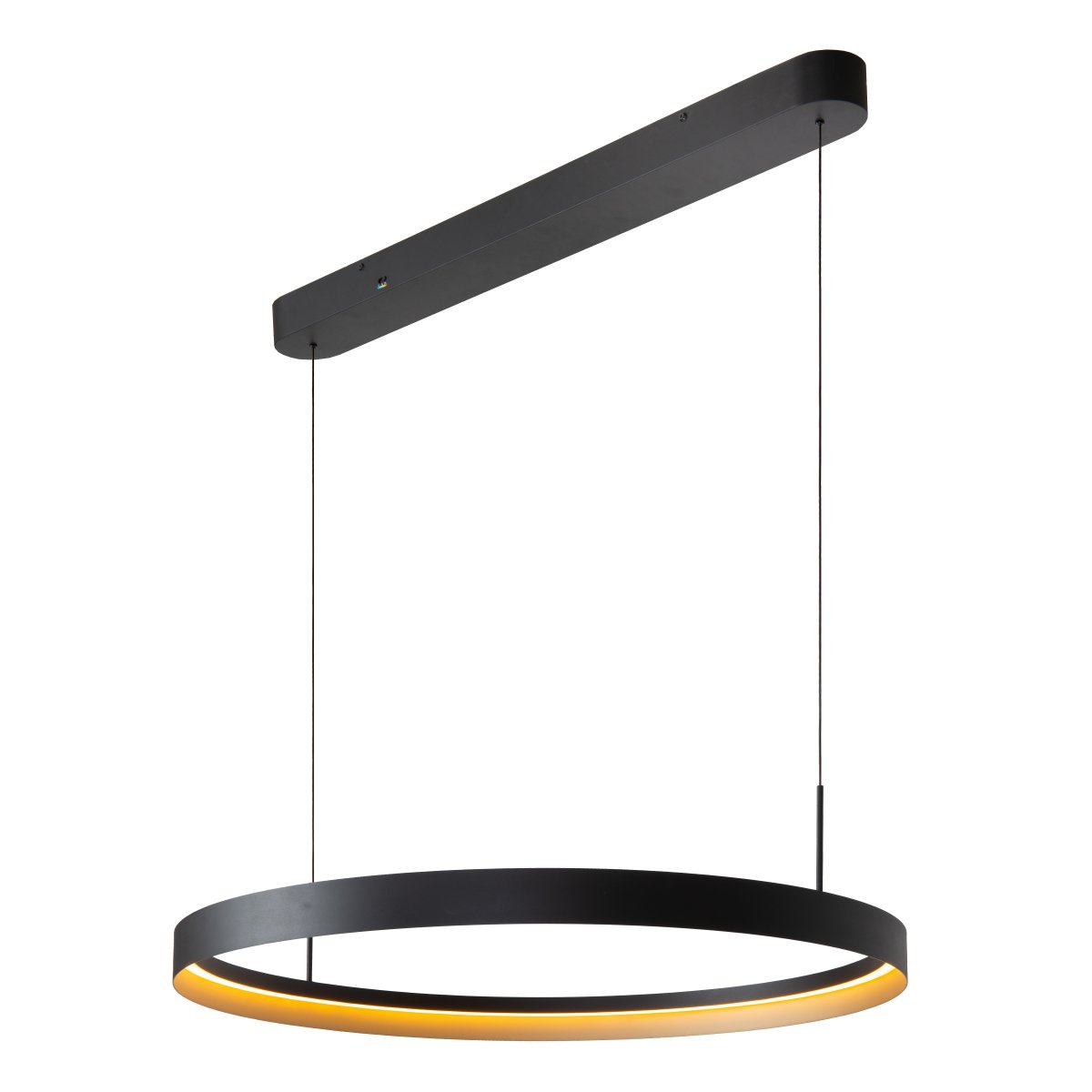 Radiant Ø80 Zwart hanglamp Van Lucide - De ronde kap heeft een elegante binnenkant in een metallic champagnekleur, wat een exclusief contrast cre&euml;ert en de warme lichtuitstraling versterkt.
