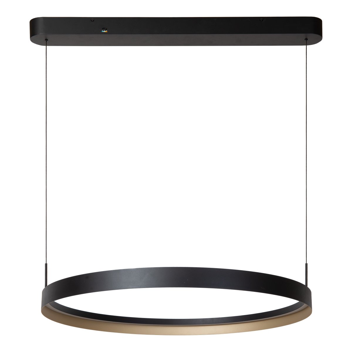Radiant Ø80 Zwart hanglamp Van Lucide - De ronde kap heeft een elegante binnenkant in een metallic champagnekleur, wat een exclusief contrast cre&euml;ert en de warme lichtuitstraling versterkt.