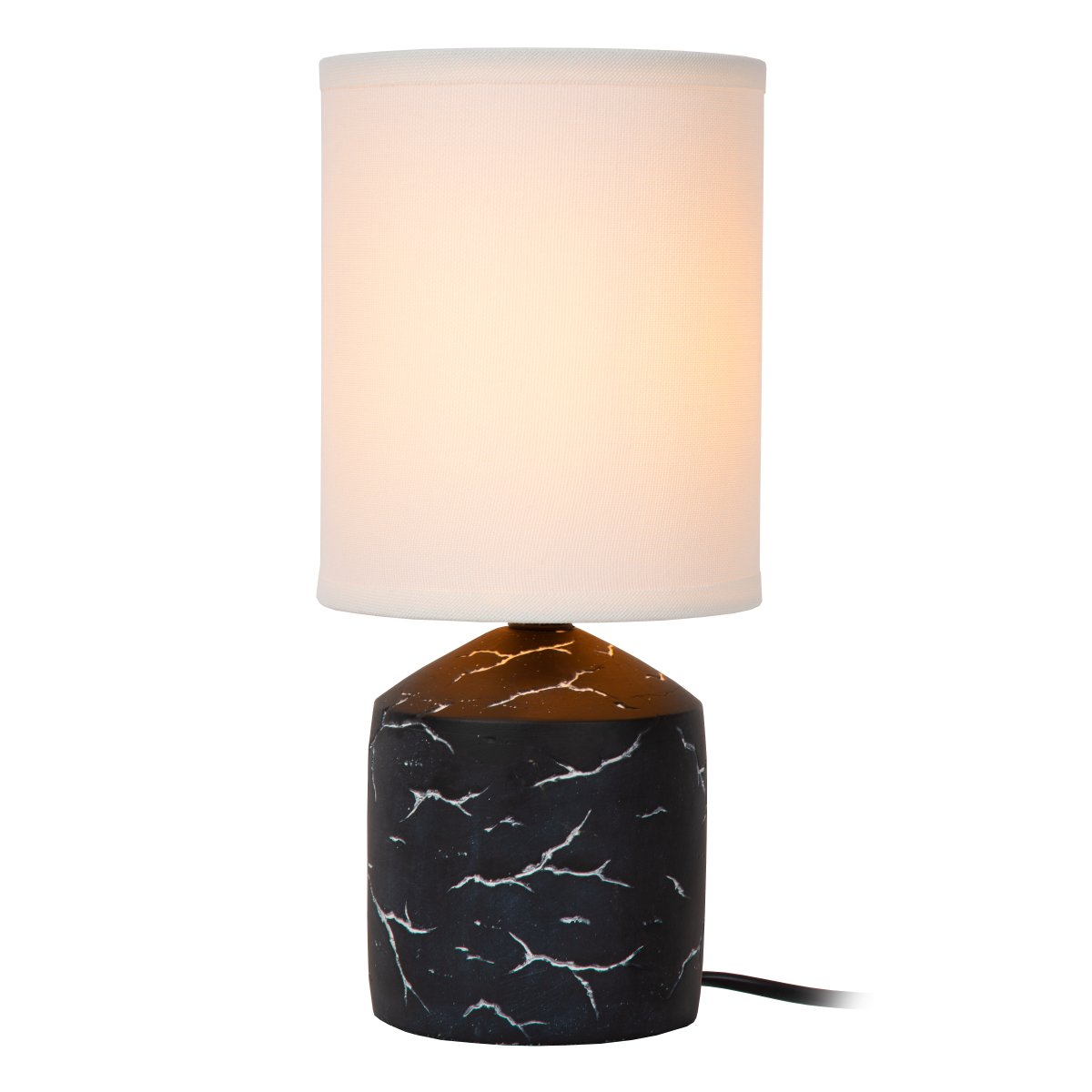 Fran 30cm Zwart tafellamp Van Lucide - Het witte, onregelmatige patroon op de voet geeft een gemarmerd effect en zorgt voor een mooi contrast met het donkere oppervlak.