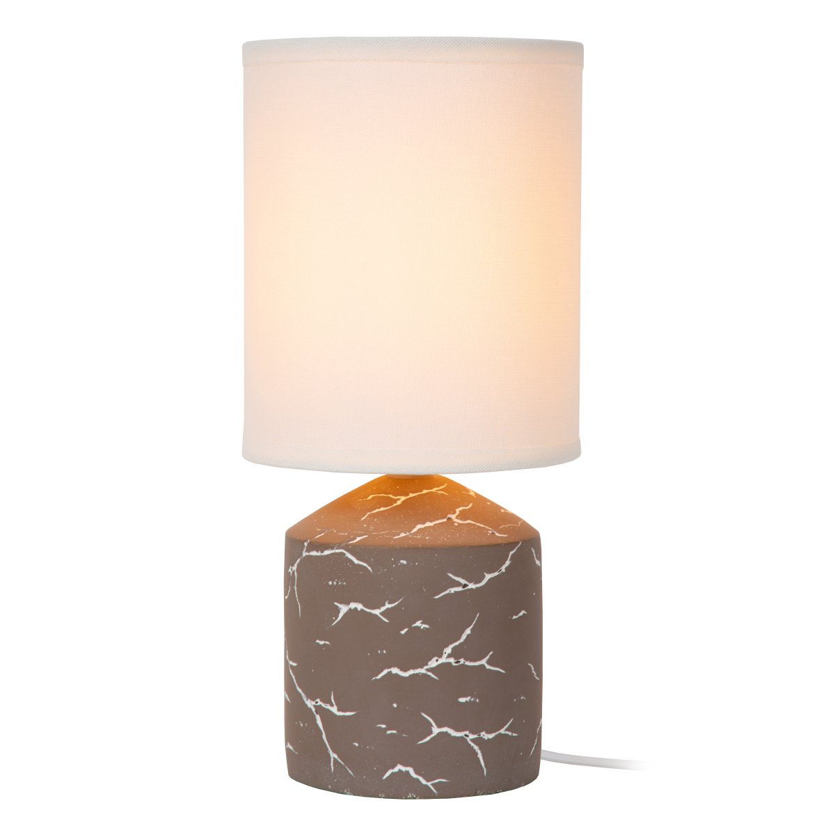 Fran 30cm Taupe tafellamp Van Lucide - Het witte, onregelmatige donkere patroon op de voet geeft een gemarmerd effect en zorgt voor een mooi contrast met het donkere oppervlak.