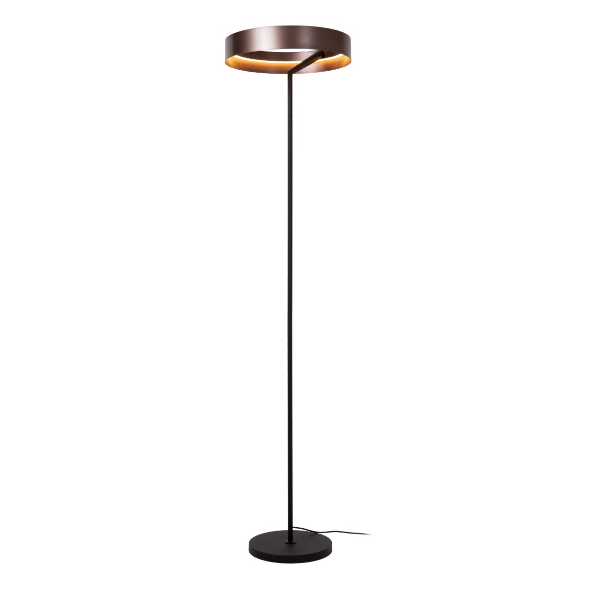 Leonard Bruin vloerlamp Van Lucide - De ronde kap heeft een elegante metallic bruine afwerking en een ge&iuml;ntegreerde ledstrip aan de binnenkant die een krachtig en aangenaam licht naar beneden verspreidt.