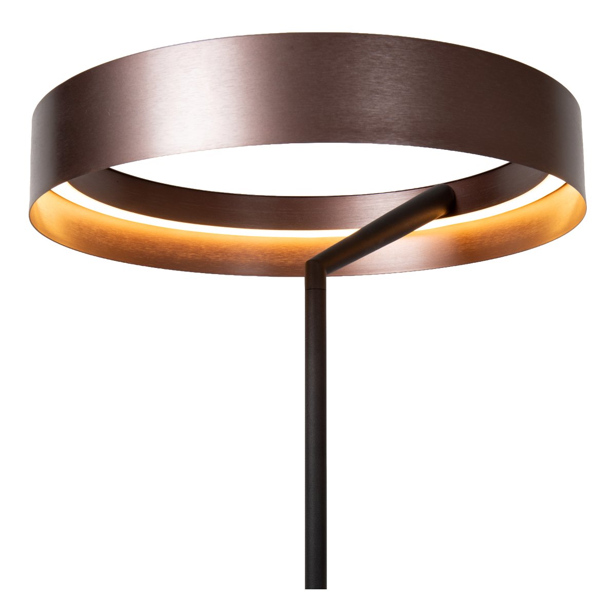 Leonard Bruin vloerlamp Van Lucide - De ronde kap heeft een elegante metallic bruine afwerking en een ge&iuml;ntegreerde ledstrip aan de binnenkant die een krachtig en aangenaam licht naar beneden verspreidt.