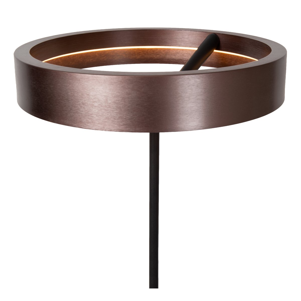 Leonard Bruin vloerlamp Van Lucide - De ronde kap heeft een elegante metallic bruine afwerking en een ge&iuml;ntegreerde ledstrip aan de binnenkant die een krachtig en aangenaam licht naar beneden verspreidt.