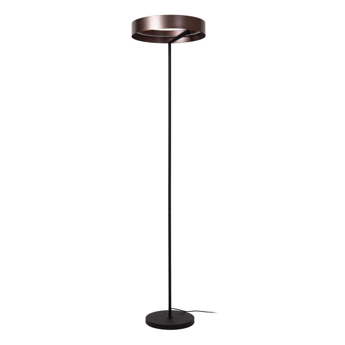 Leonard Bruin vloerlamp Van Lucide - De ronde kap heeft een elegante metallic bruine afwerking en een ge&iuml;ntegreerde ledstrip aan de binnenkant die een krachtig en aangenaam licht naar beneden verspreidt.