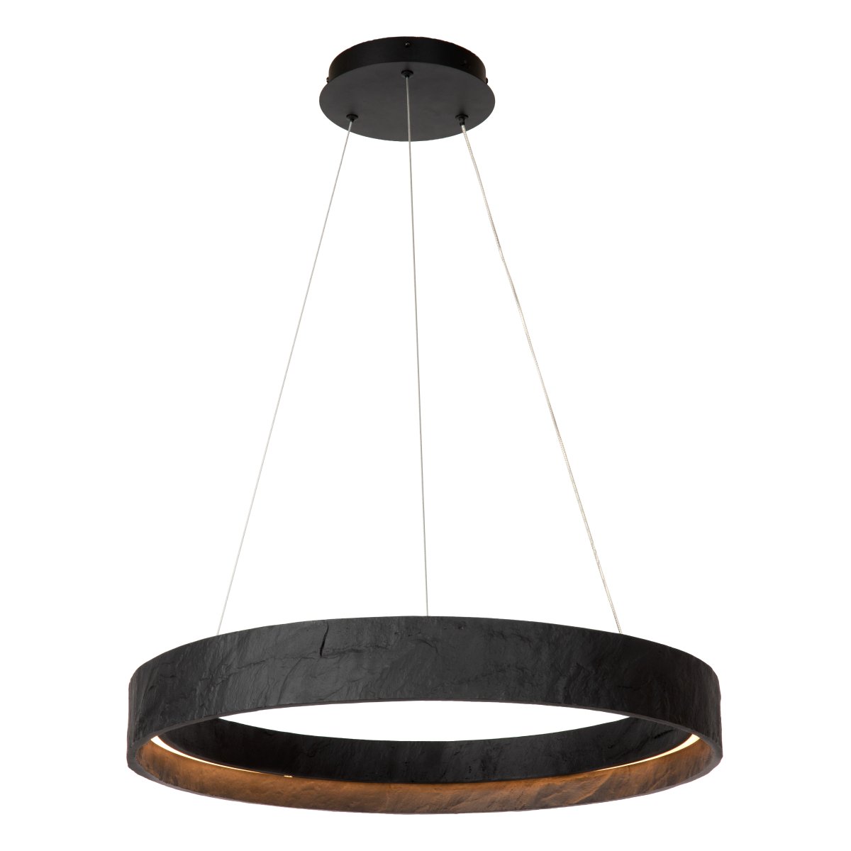 Adelante Ø60 Zwart hanglamp Van Lucide - De ronde kap heeft een levendige, onregelmatige structuur die een exclusieve uitstraling geeft en de illusie van natuursteen cre&euml;ert.